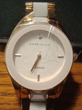 Anne Klein White and Gold Women's Ceramic Link Watch with Crystal Accent
